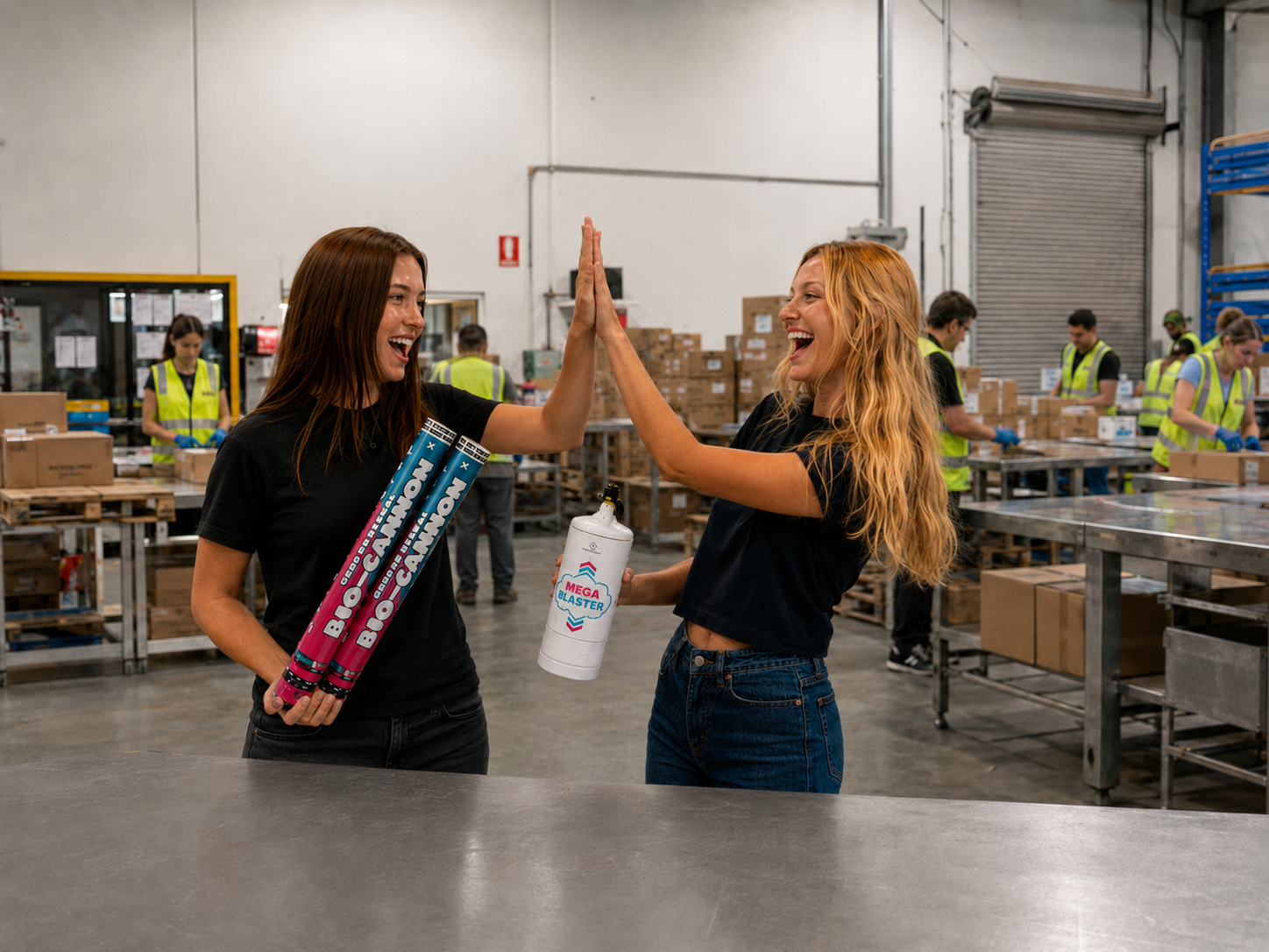 Inside the Gender Reveal Ideas Gold Coast warehouse. Two staff members in front holding products, with workers in high-vis vests packing orders at stainless steel benches in the background.