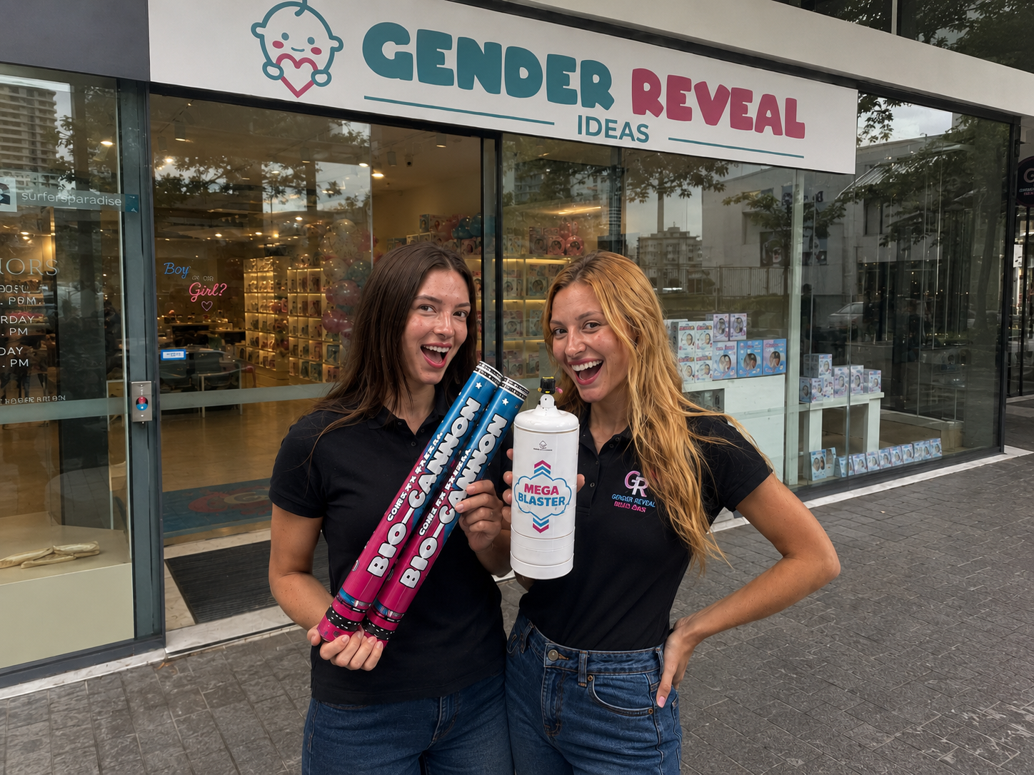 Two Gender Reveal Ideas staff members standing outside the brand's physical store in Surfers Paradise, Gold Coast, holding products and smiling.