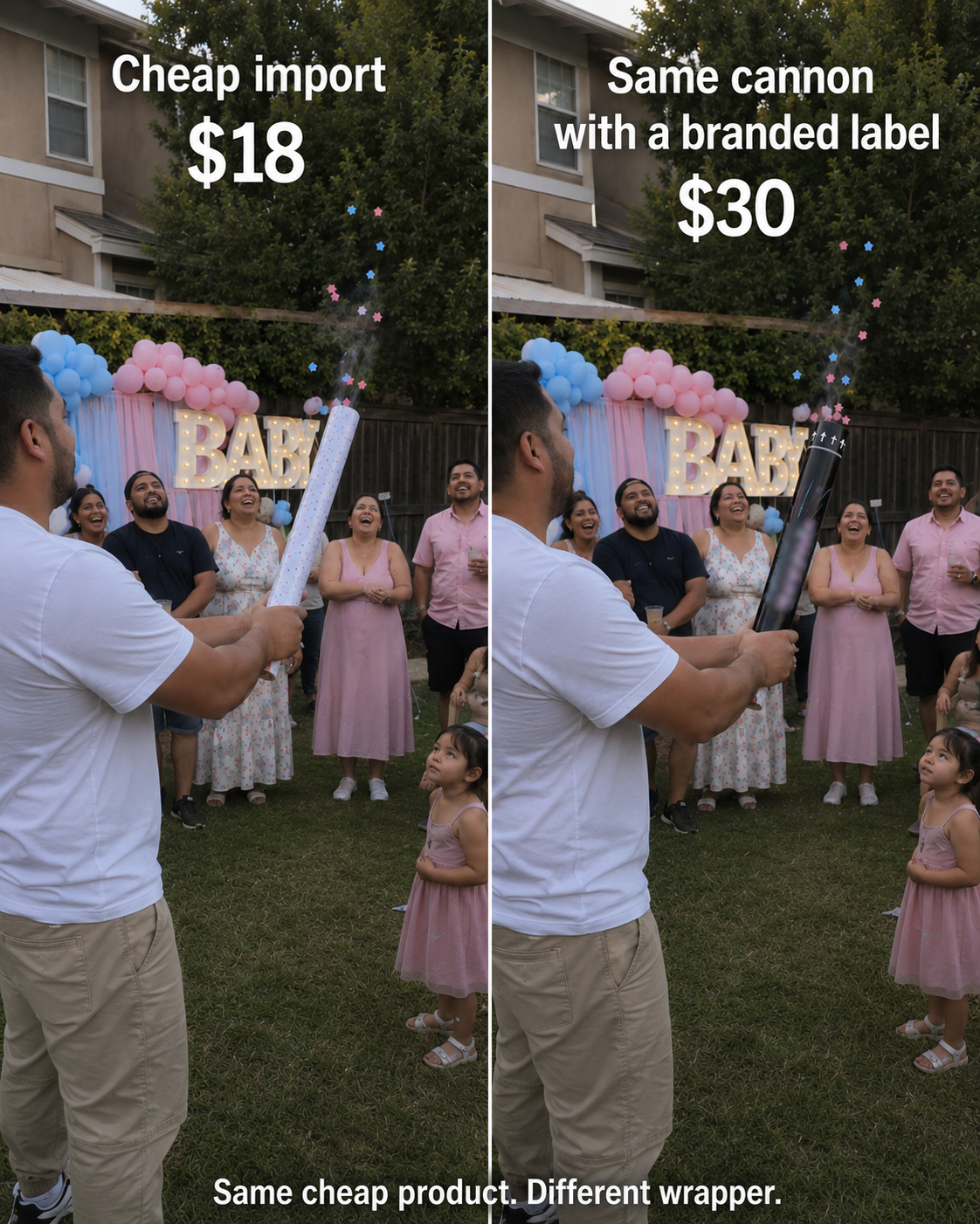 Side-by-side photograph: the same gender reveal cannon being fired at a backyard party. Left labelled 'Cheap import'. Right labelled 'Same cannon with a branded label'. Caption reads: Same cheap product. Different wrapper.