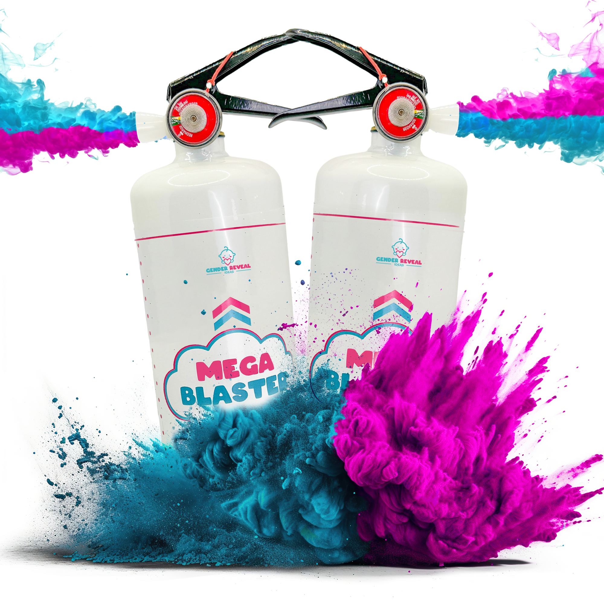 Two Gender Reveal Ideas MEGA Powder Blaster extinguishers with pink and blue powder exploding in a clean studio shot.