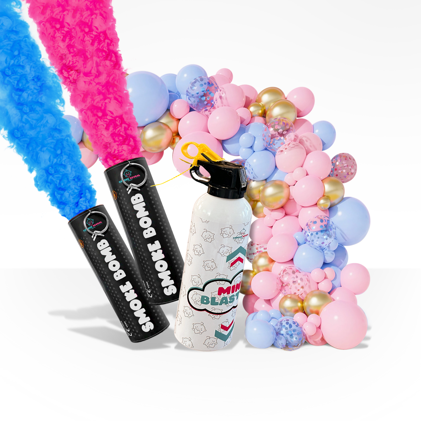 A backyard gender reveal setup with pink and blue smoke bombs, a Mini Blaster and a pastel balloon garland.