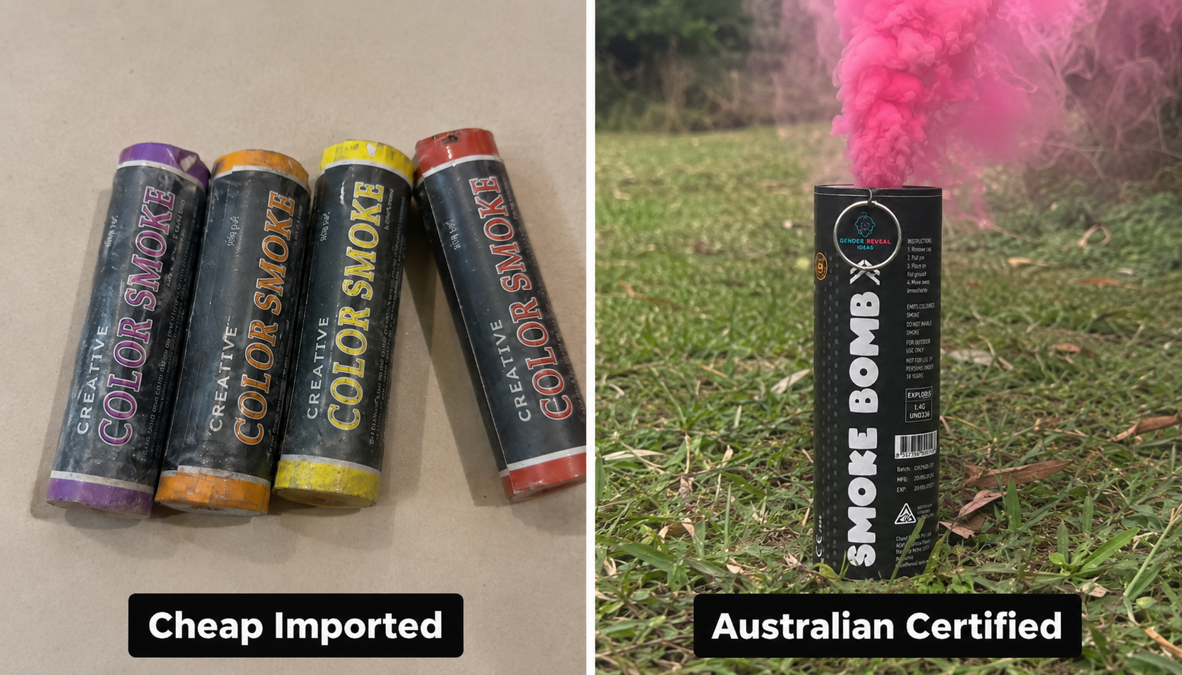 Cheap imported gender reveal smoke bombs versus an Australian certified smoke bomb.