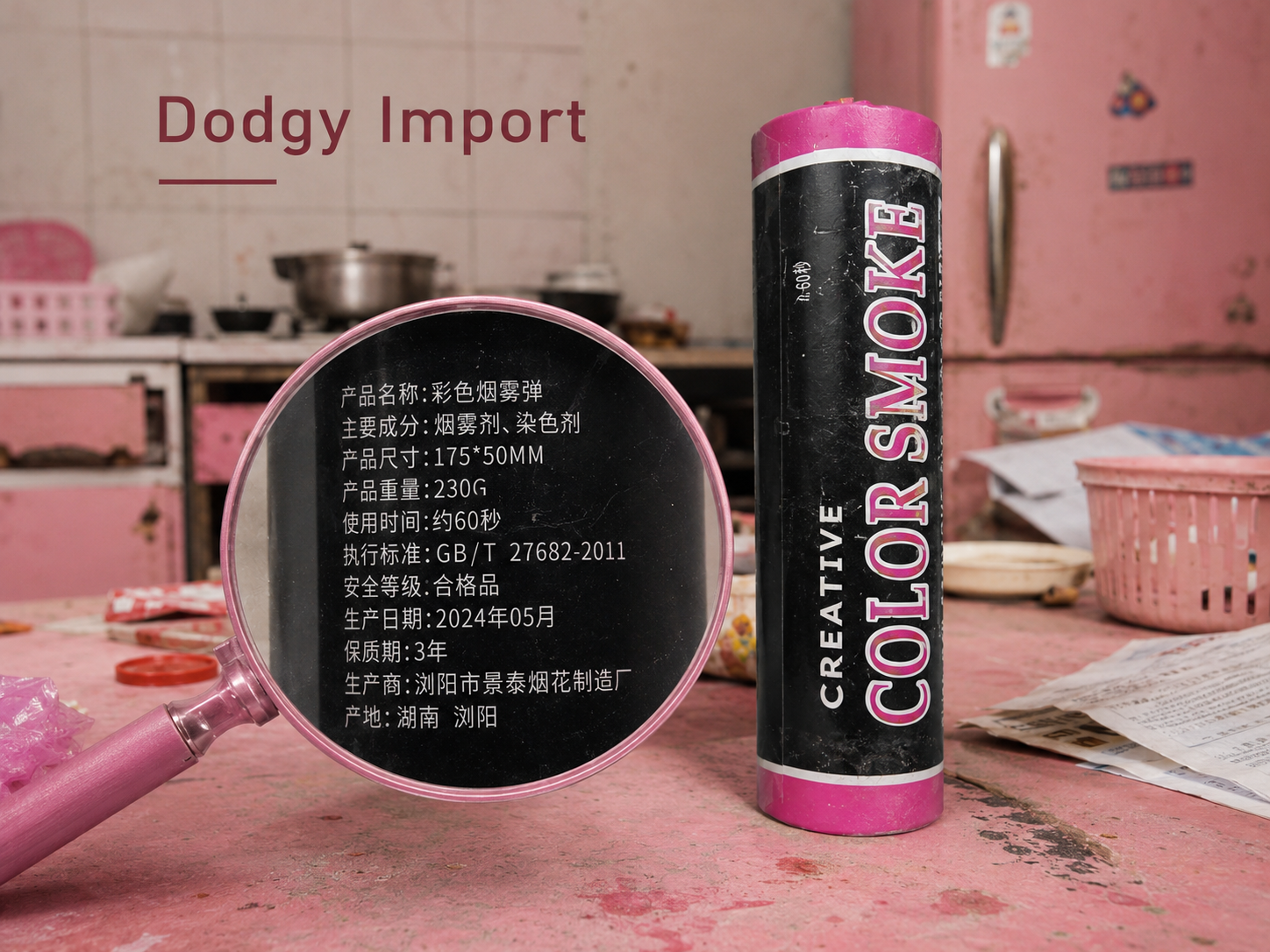 A close-up of a cheap imported gender reveal smoke bomb canister labelled 'Creative Color Smoke', with a magnifying glass revealing the only labelling on the product is in Mandarin with no English safety warnings or Australian importer address.