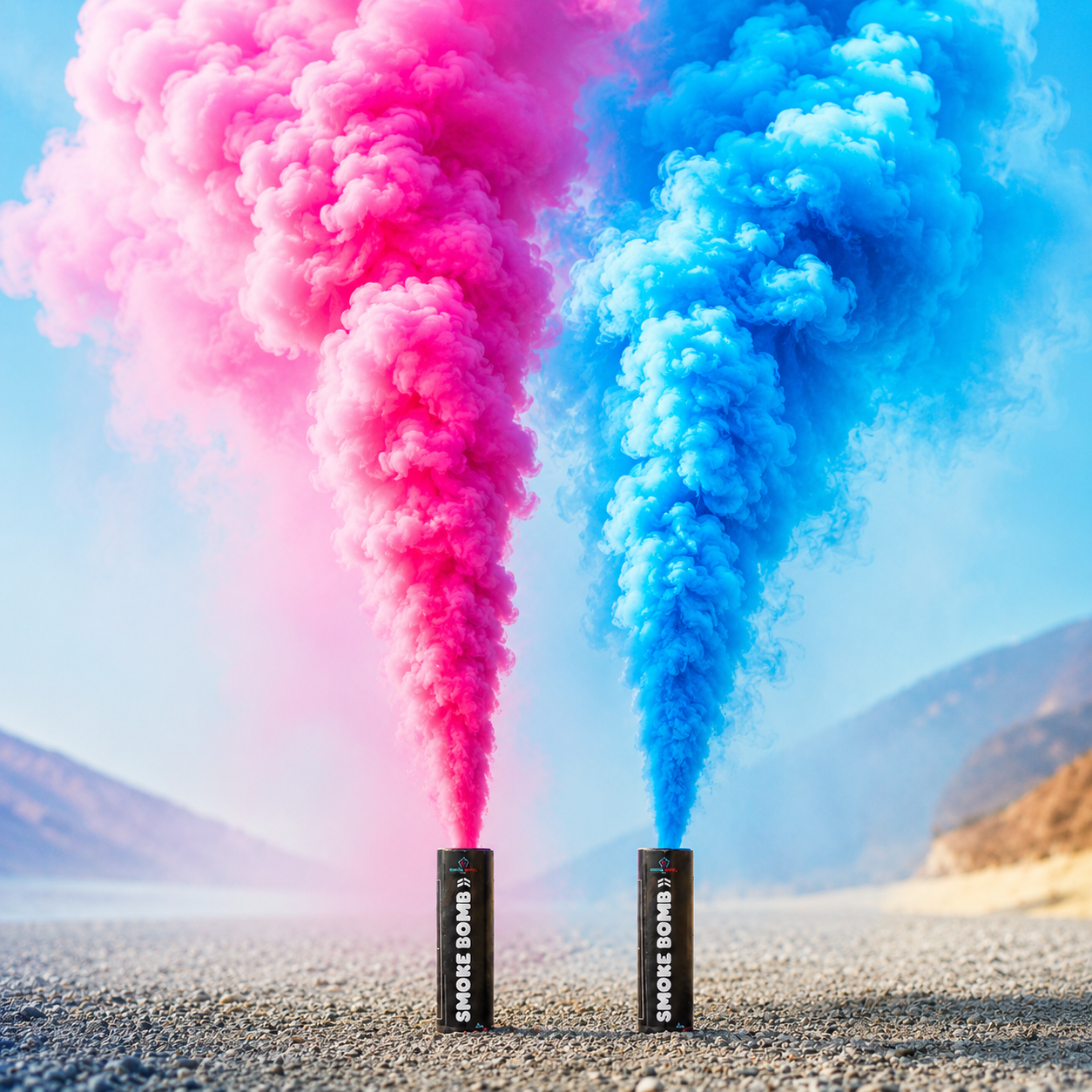 Two Gender Reveal Ideas smoke bombs firing in pink and blue at an Australian outdoor location, demonstrating dense pigment plumes.