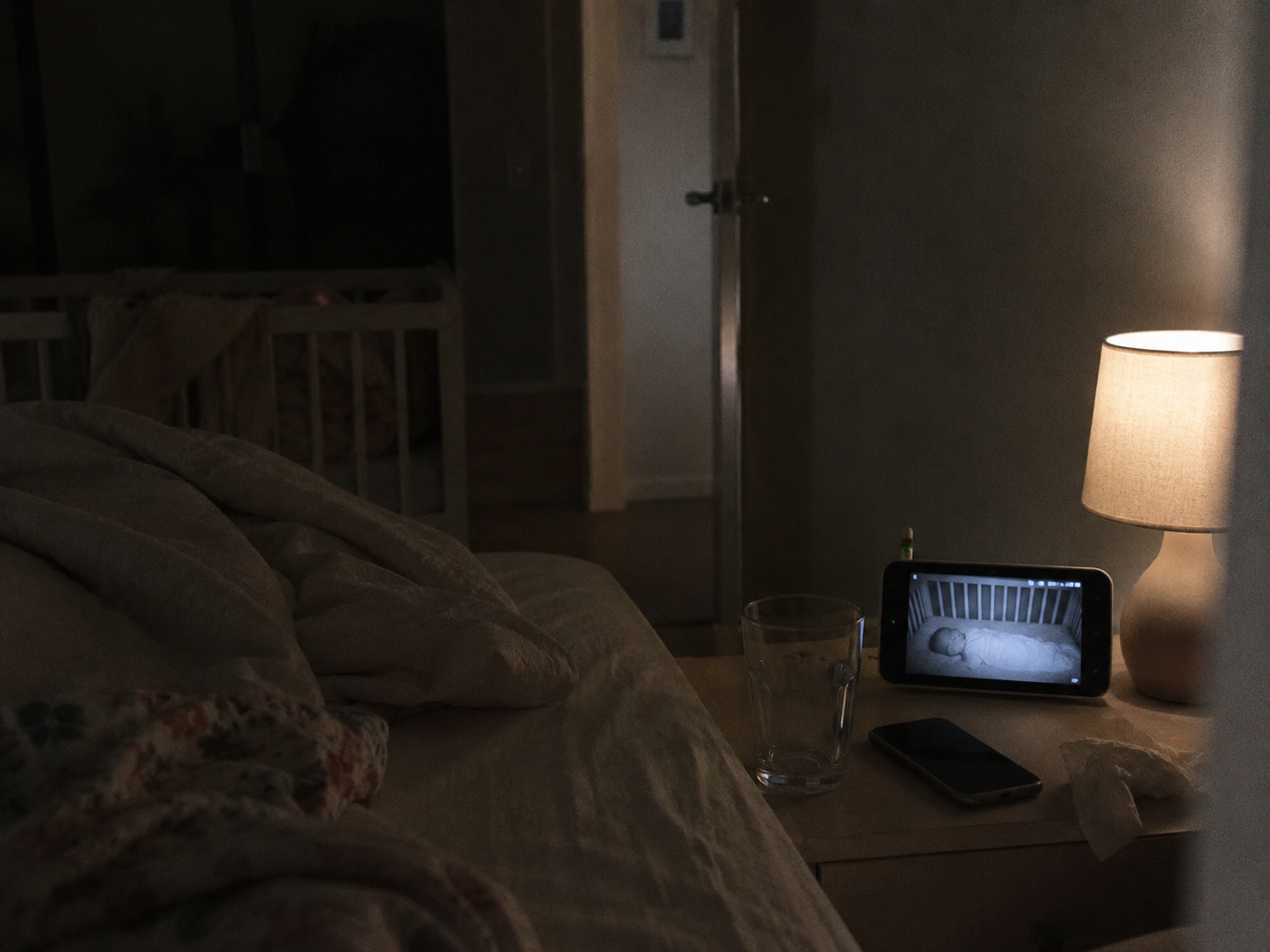 A dim bedroom at 2am with a glowing baby monitor and a half-empty water glass on the bedside table.
