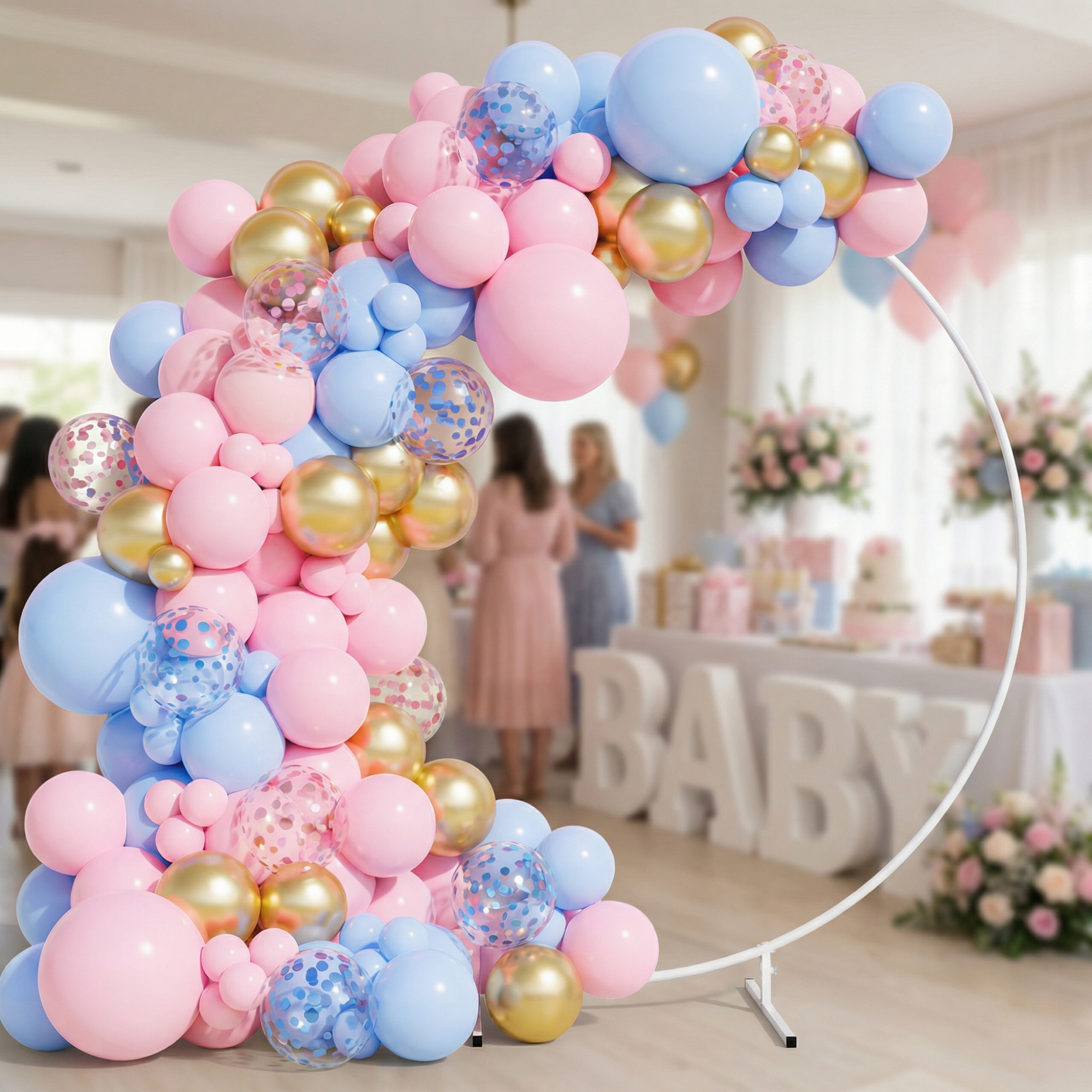 A pastel pink and blue balloon garland set up for a gender reveal celebration.