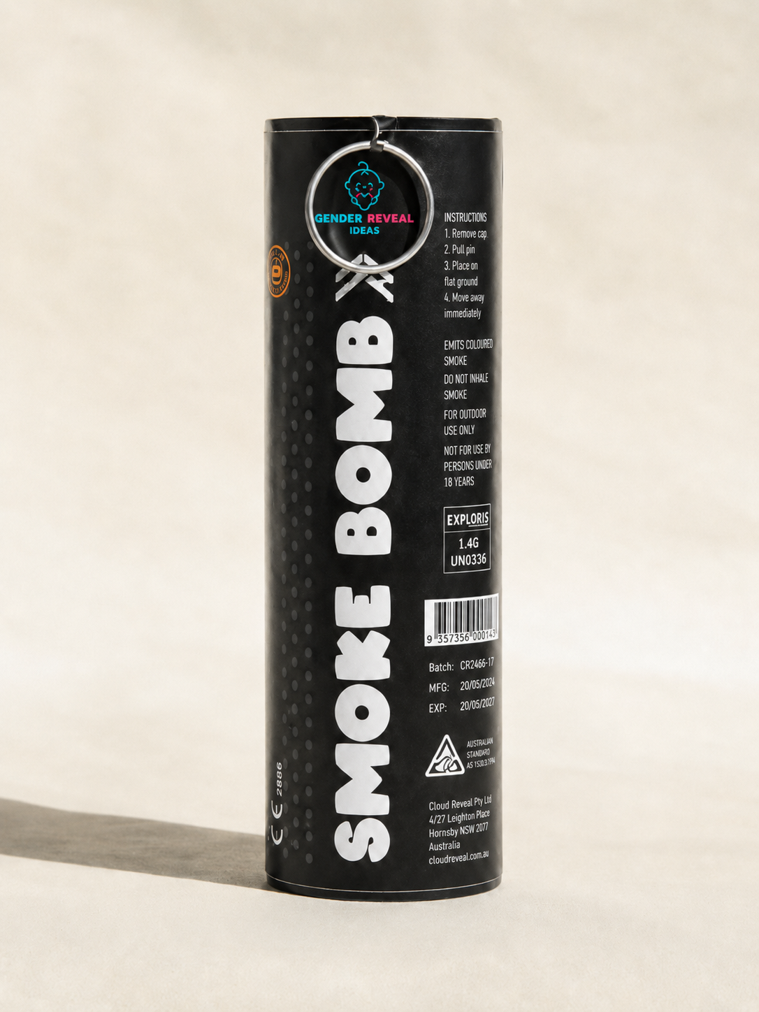 A single Gender Reveal Ideas branded smoke bomb canister, showing the full Australian compliance labelling, batch code, manufacturer details and UN 0431 1.4S classification mark.